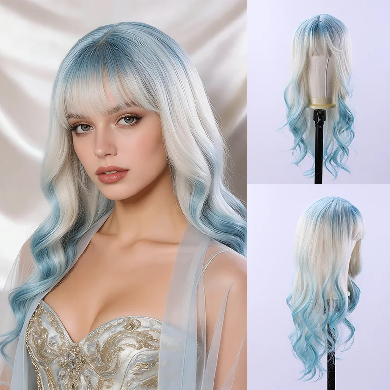 

Удобный натуральный вьющийся светло-голубой градиент с челкой, многослойный модный парик для женщин, синтетическое волокно, искусственные волосы