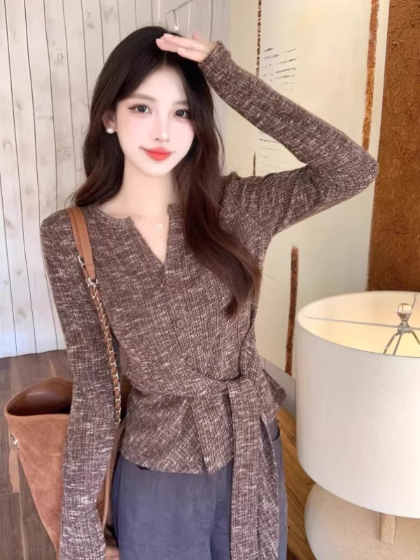 

plus Size Autumn Women's Knitwear V-Ne Long Sve Faionable Commute Simple Sle Top with Belt Korean Version Slim Fit