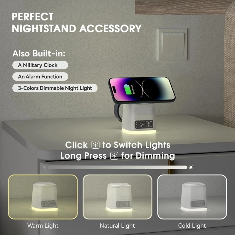 Versatile 3-In-1 Wireless Charging Dock With Built-In Alarm Clock And Night Light, White Charger Stand