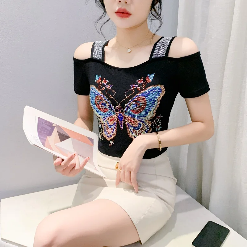 M-3XL New Summer European Clothes T-Shirt Women Fashion Sexy Off Shoulder Shiny Diamonds Butterfly Tops Female Slim Mesh Tees