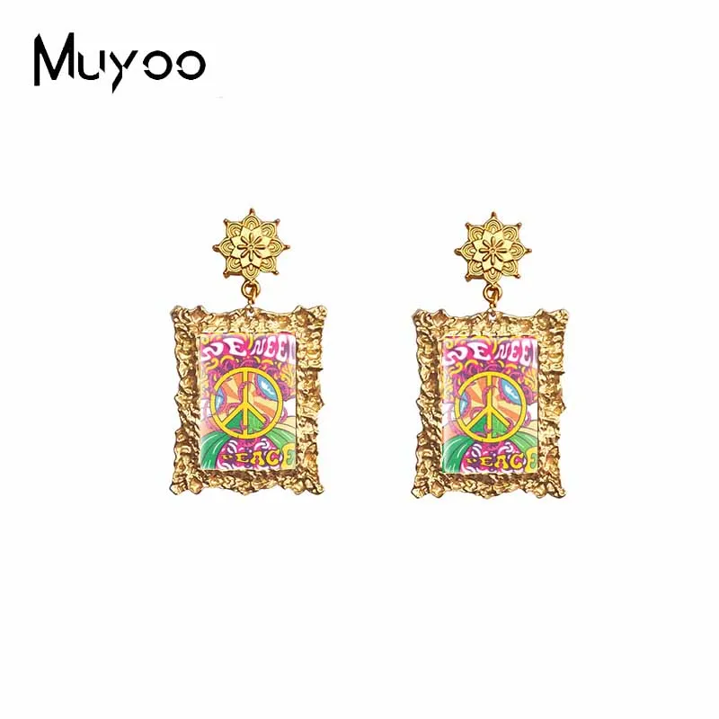 2022 New Arrival Fashion Peace and Love Hippie Style Graffiti Handcraft Antique Mandala Rectangle Dangle Earrings