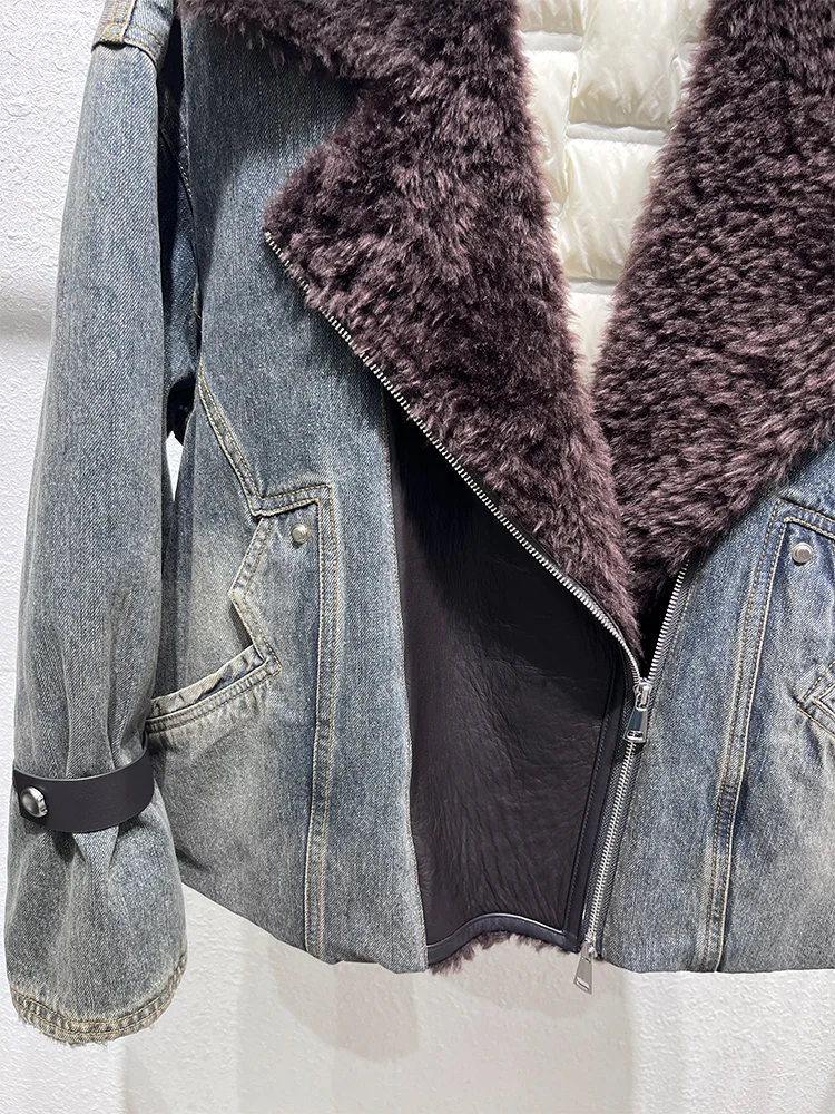 2025年女性用冬物天然メリノ羊毛襟付きダックダウンジャケット、スイートスタイル高級婦人コート、ストリートウェア