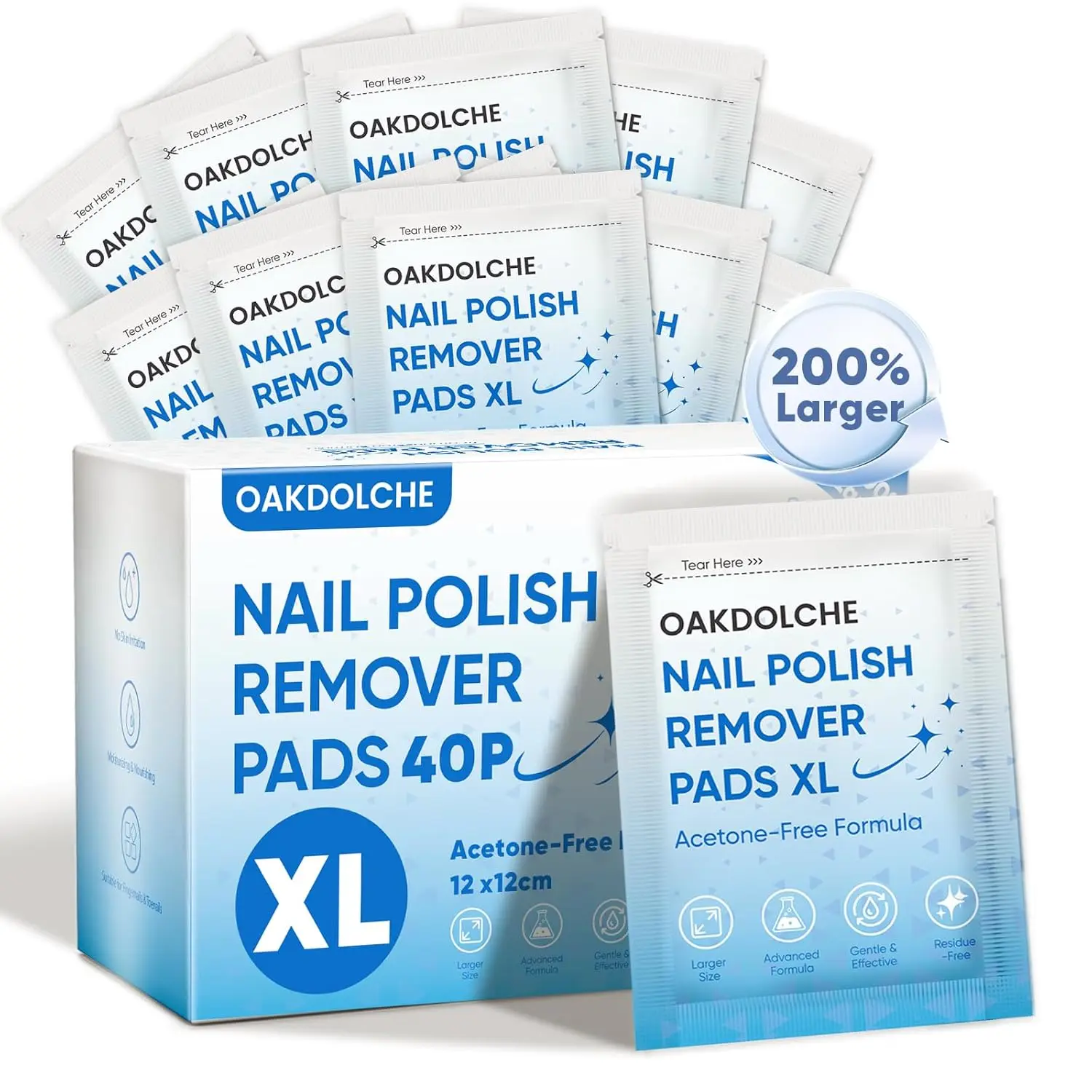 Extra-Large Nail Polish Remover Pads, 40 Pcs, Acetone-Free, Gentle & Effective, Portable