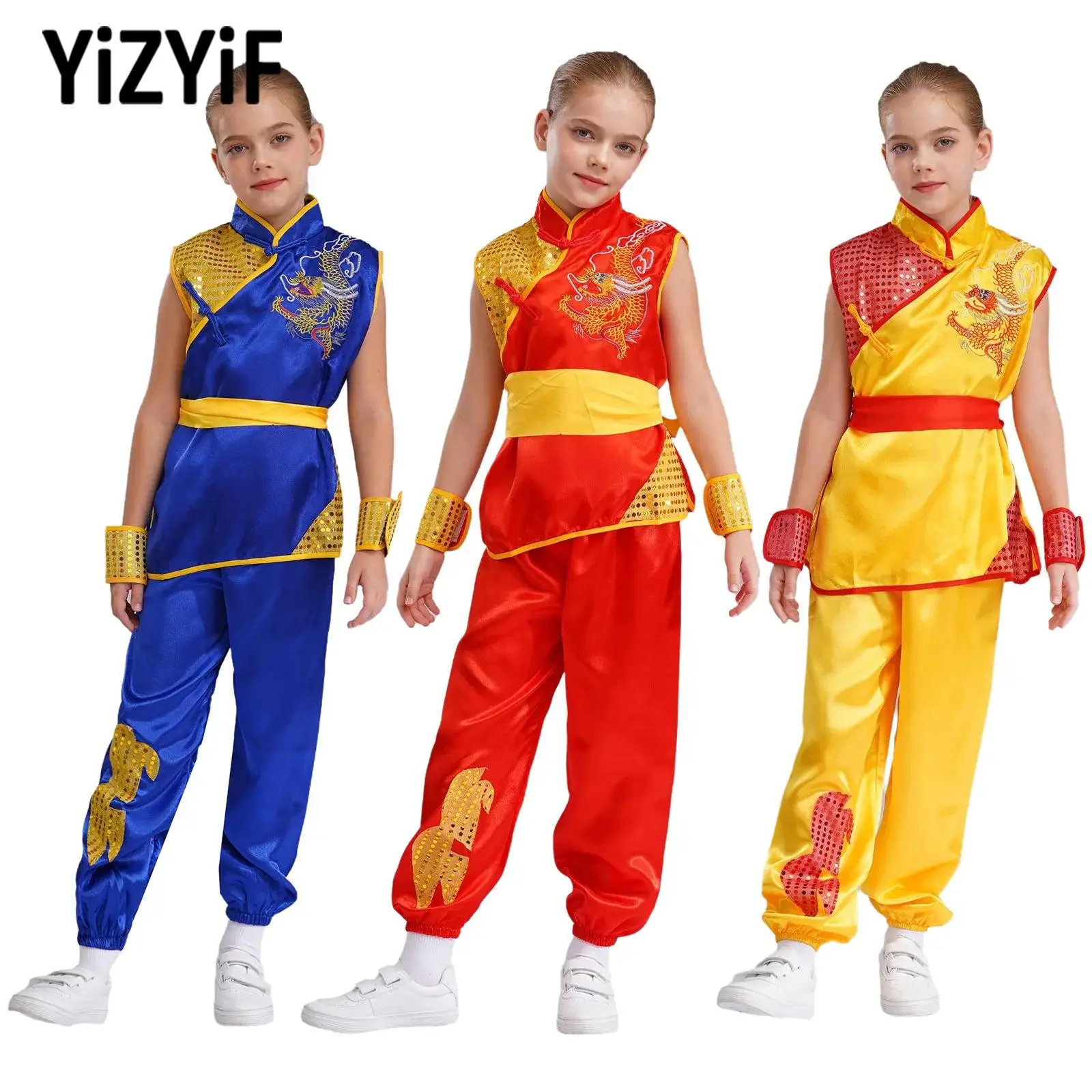 roupa-unissex-de-cetim-para-artes-marciais-conjunto-de-performance-de-kung-fu-manga-curta-bordado-de-dragao-tops-com-calcas-cinto-e-punhos