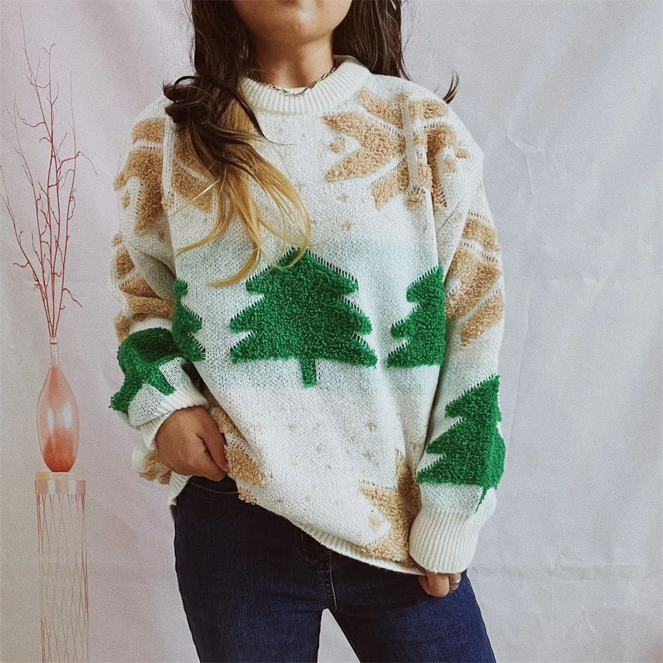 New Elegant Sweater Woman Festive Stylish Christmas Tree Print Evening Party Versatile Sweater Roupas De Inverno Feminina Mulher