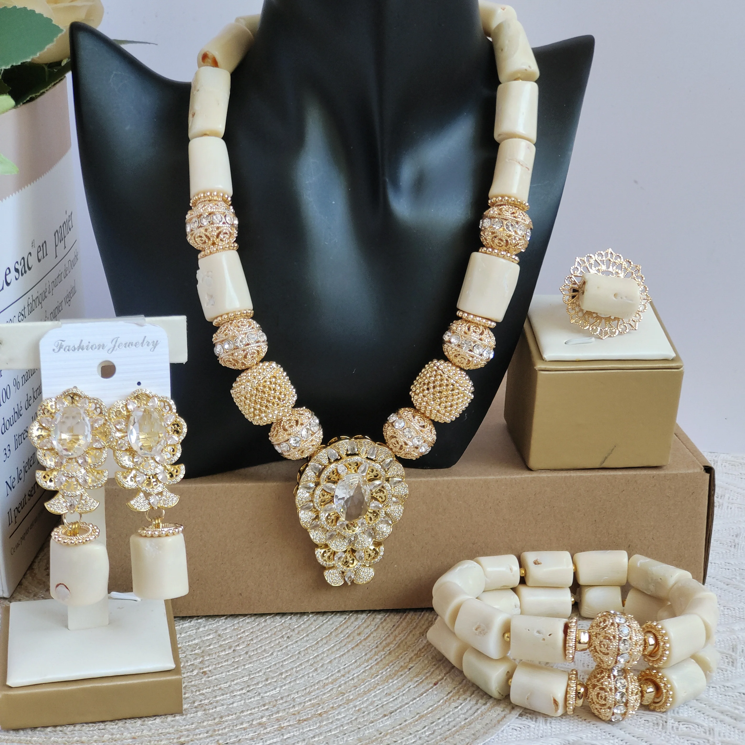 

Laanc white original coral jewelry set nigeria beads for traditional marriage