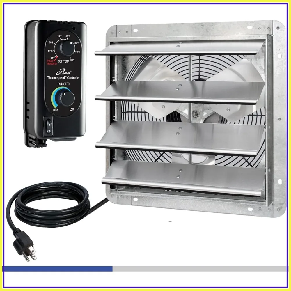 

16 Inch Wall Mounted Shutter Exhaust Fan, 1200 CFM, Variable Speed & Thermostat, 1800 sq ft Coverage, 0.85A, 115V