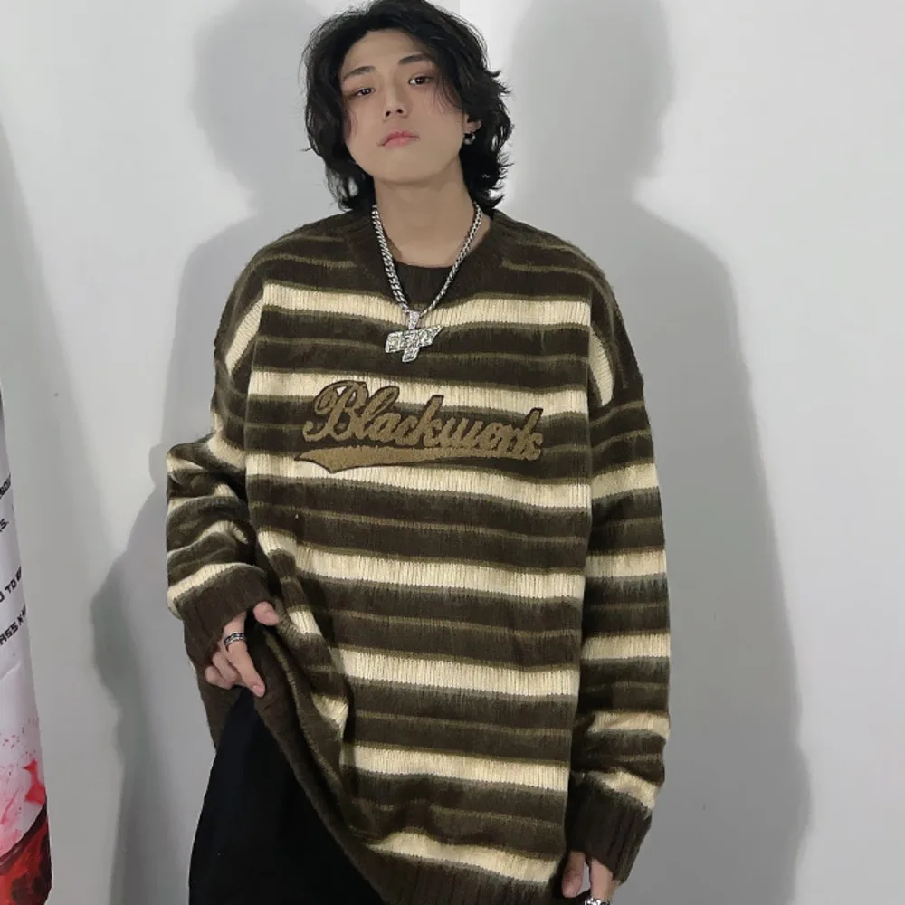 2023 American stripe round neck loose sweater for men sweaters pullover and women Oversize simple knitwear Couple coat sweter