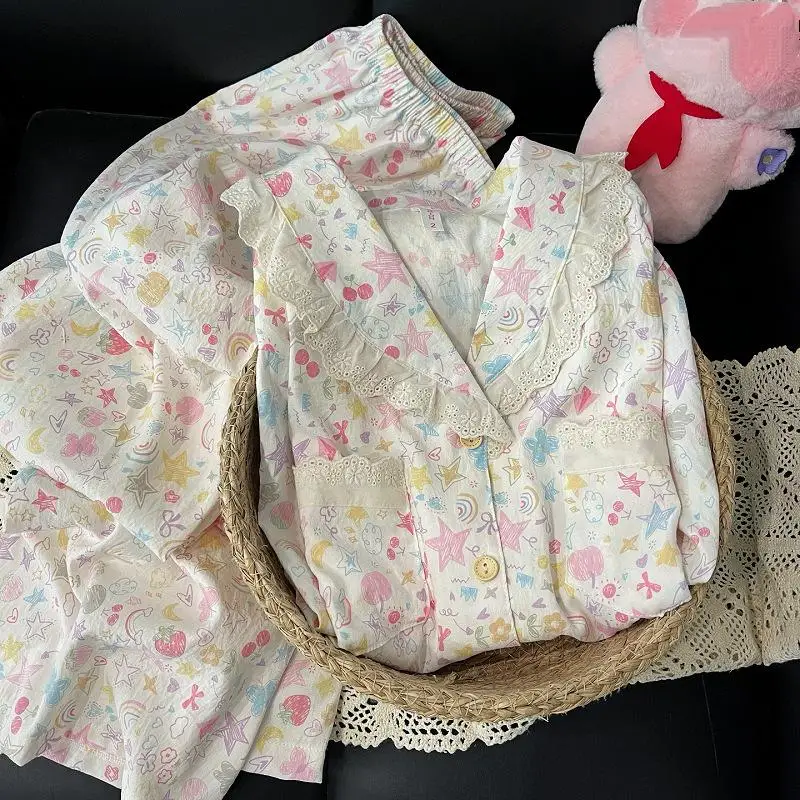 Sweet Lovely Girl Long Sleeved Long Pants Pajamas for Spring and Autumn Teenagers Set for Students Comfortable Home Clothes
