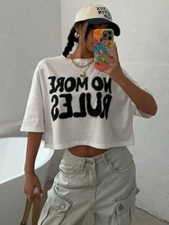 100% Cotton Women Crop T-shirts No More Rules Letter Prints Tops O-Neck Short Sleeves Tees Summer Fashion Street Female Clothing