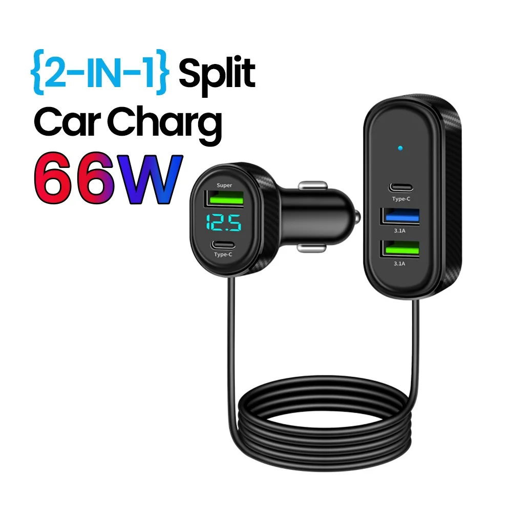 

Автомобильное зарядное устройство 2 в 1, 66 Вт, интерьерное, 12 В, автотелефон, быстрая зарядка, порт Type-C, мульти-USB-порт для зарядного устройства для седана, внедорожника, хэтчбека