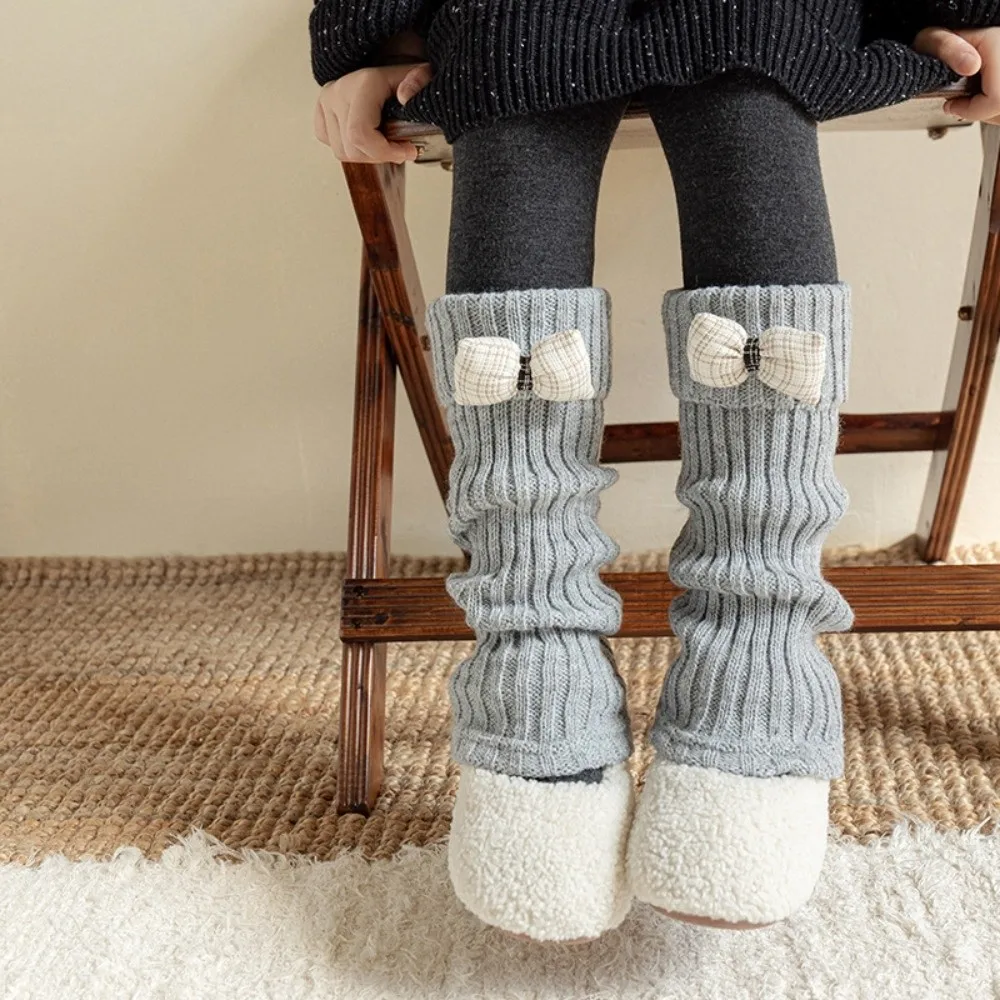 Cute Thickened Leg Warmers for Girls Knitted Keep Warm Pile Sock Bowknot Breathable Boot Covers