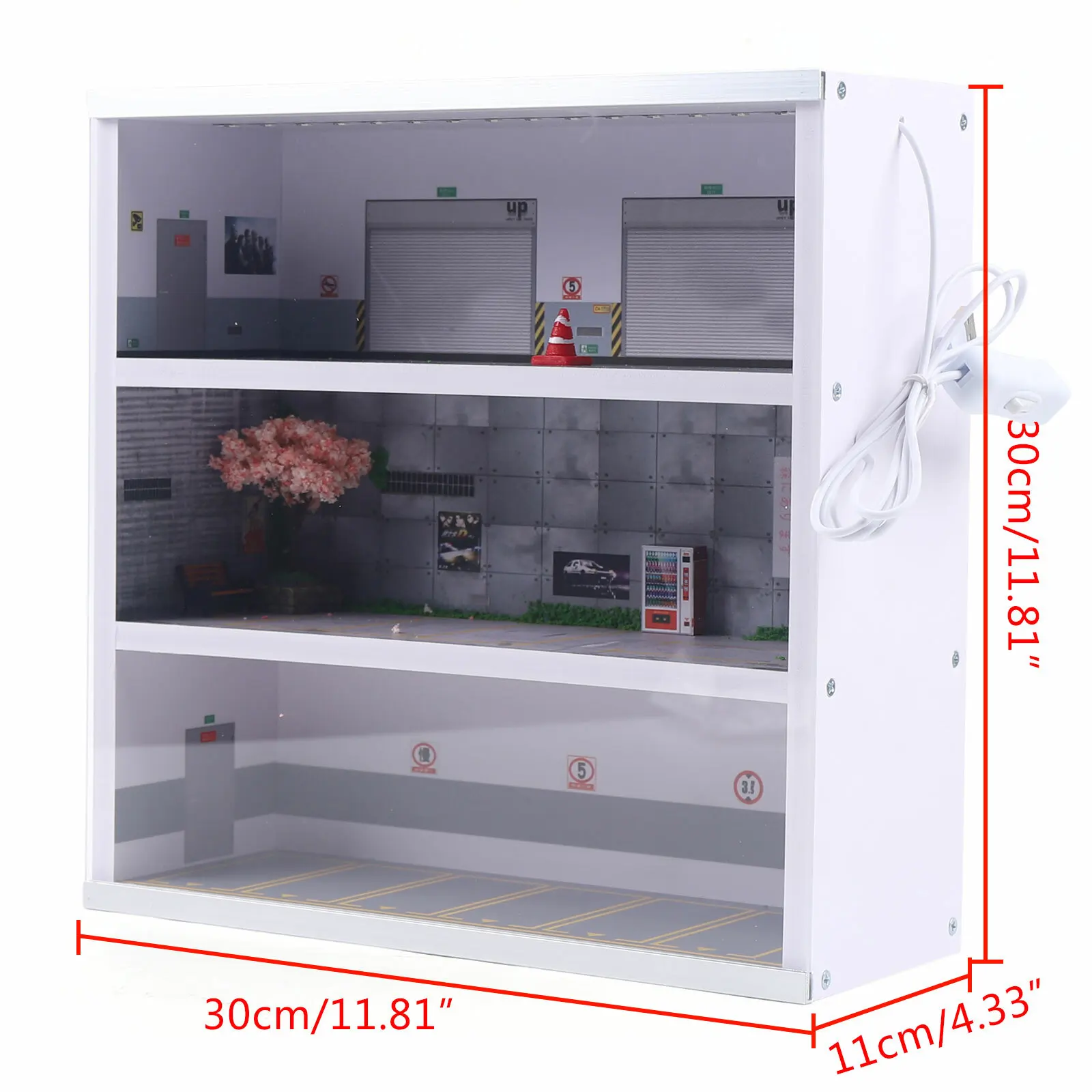 Loyalheartdy 3 Layer Display Case for Model Cars Garage Collectible Show with Led Lights 1:64 Scale Parking Space Scene Decor