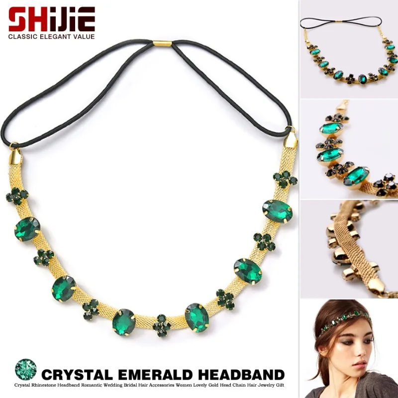 

Fashion Royal Style Gold Chain Green Crystal Headband Wedding Hair Accessories for Bride