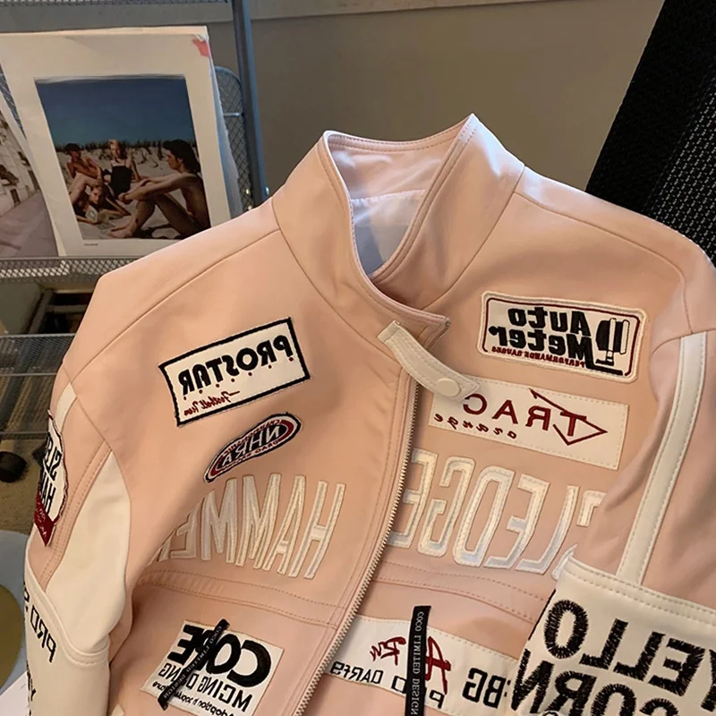 

Korean Sle Sweet Cool PU Leather Motorcycle Racing Jaet Men's Autumn Winter Vibe Faion Hong Kong Sle Baseball Coat