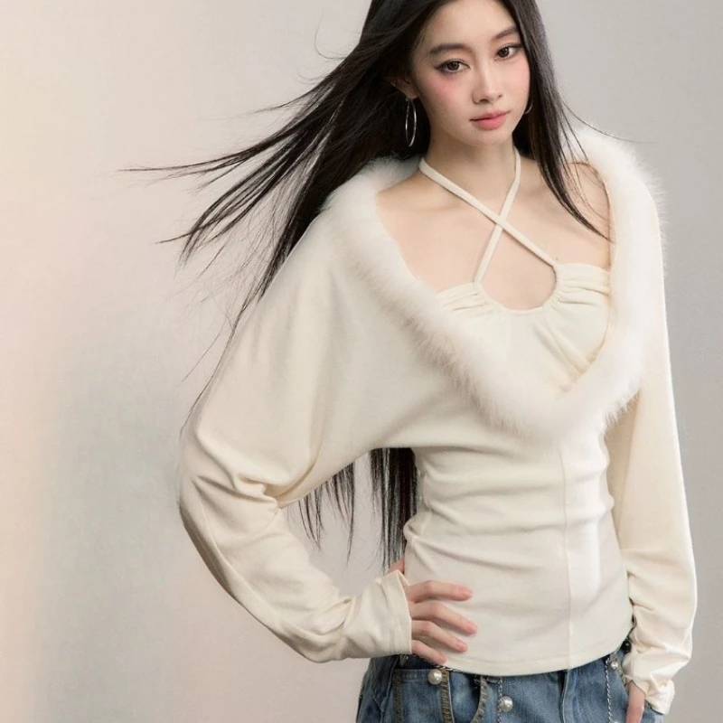 

Y2k Эстетическая пушистая лоскутная сексуальная футболка Уличная одежда с лямкой на шее Винтажные плиссированные топы Harajuku Женские тонкие футболки в стиле гранж