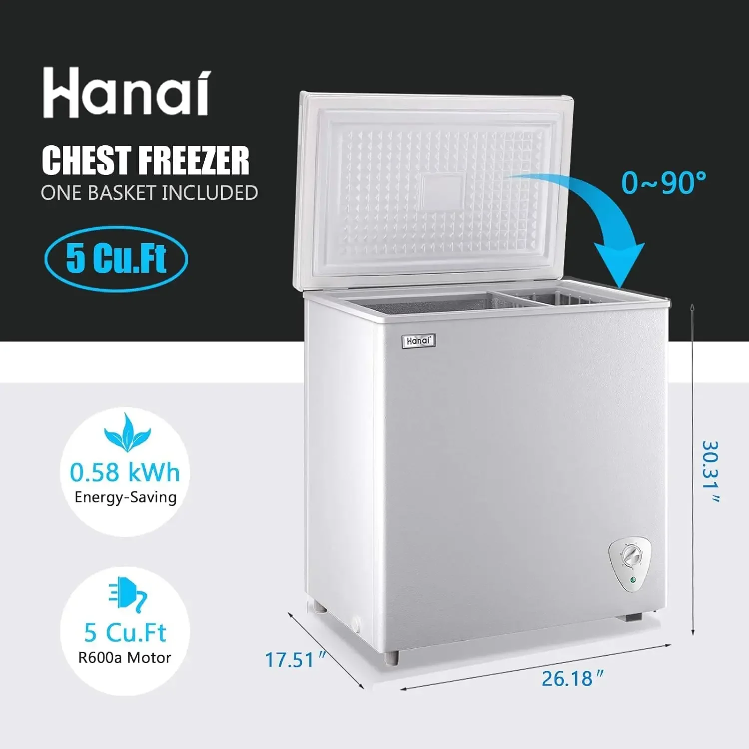 Chest Freezer 5.0 Cu.Ft Small Deep Freezer White Top Door Mini Freezer with Removable Basket, Low Noise, 7 Adjustable