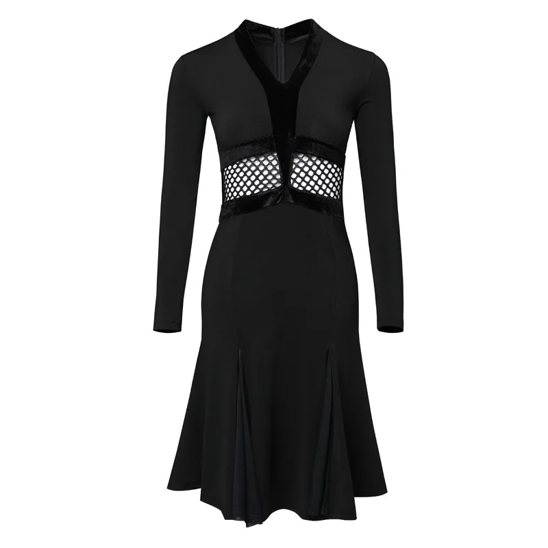 Women Black Mesh Latin Dance Costume Long Sleeve V-neck Practice Party Evening Dance Dress Performance Accessories Dancewear
