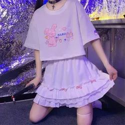Ruffle Lace Bow Patchwork Kawaii White Mini Skirts Women Harajuku Elastic High Waist Pleated Skirt Japanese Sweet Lalita Girl