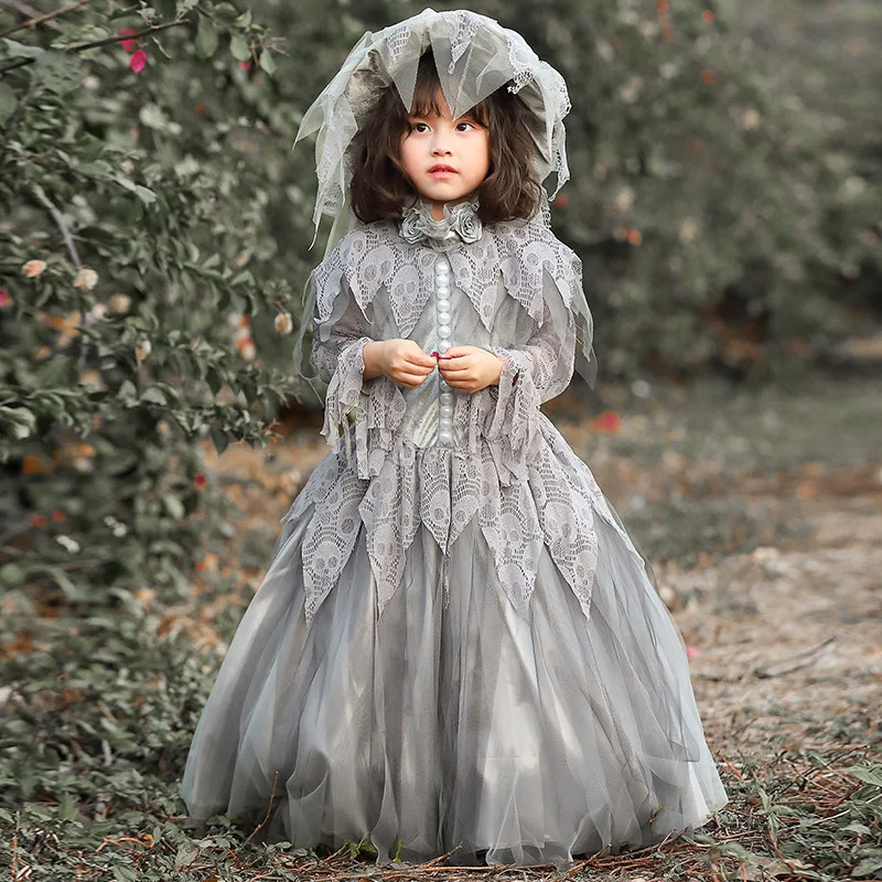 Disfraz de Lolita con esqueleto para niña, vestido de fiesta de princesa, color gris sólido, ideal para Navidad