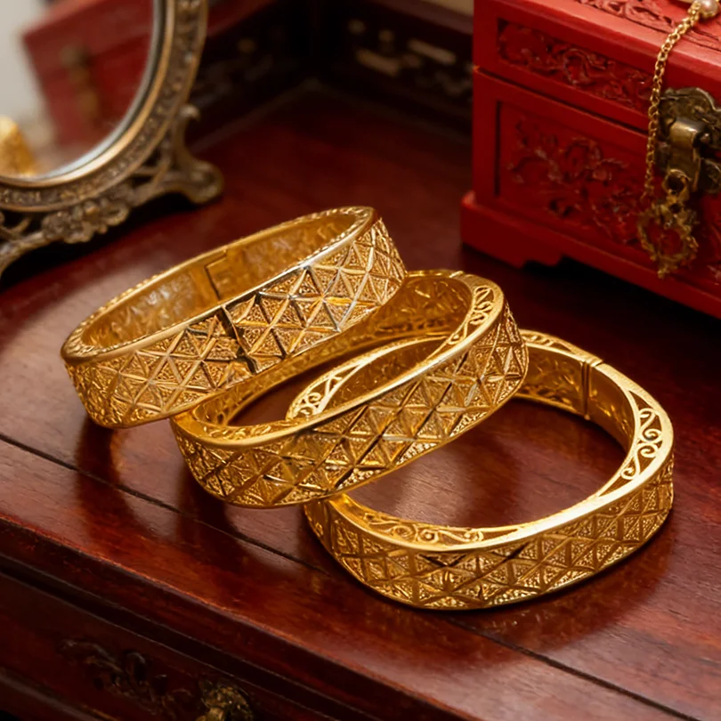 

African Gold Color Bangles for Women Girls Dubai Circle Bride Wedding Bracelet Ethiopian Jewelry