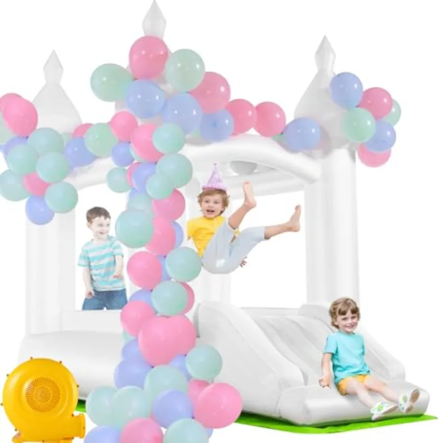 

Белый надувной батут с воздуходувкой для использования в помещении и на улице, 101x70x95 дюймов, надувной замок с горкой для дня рождения