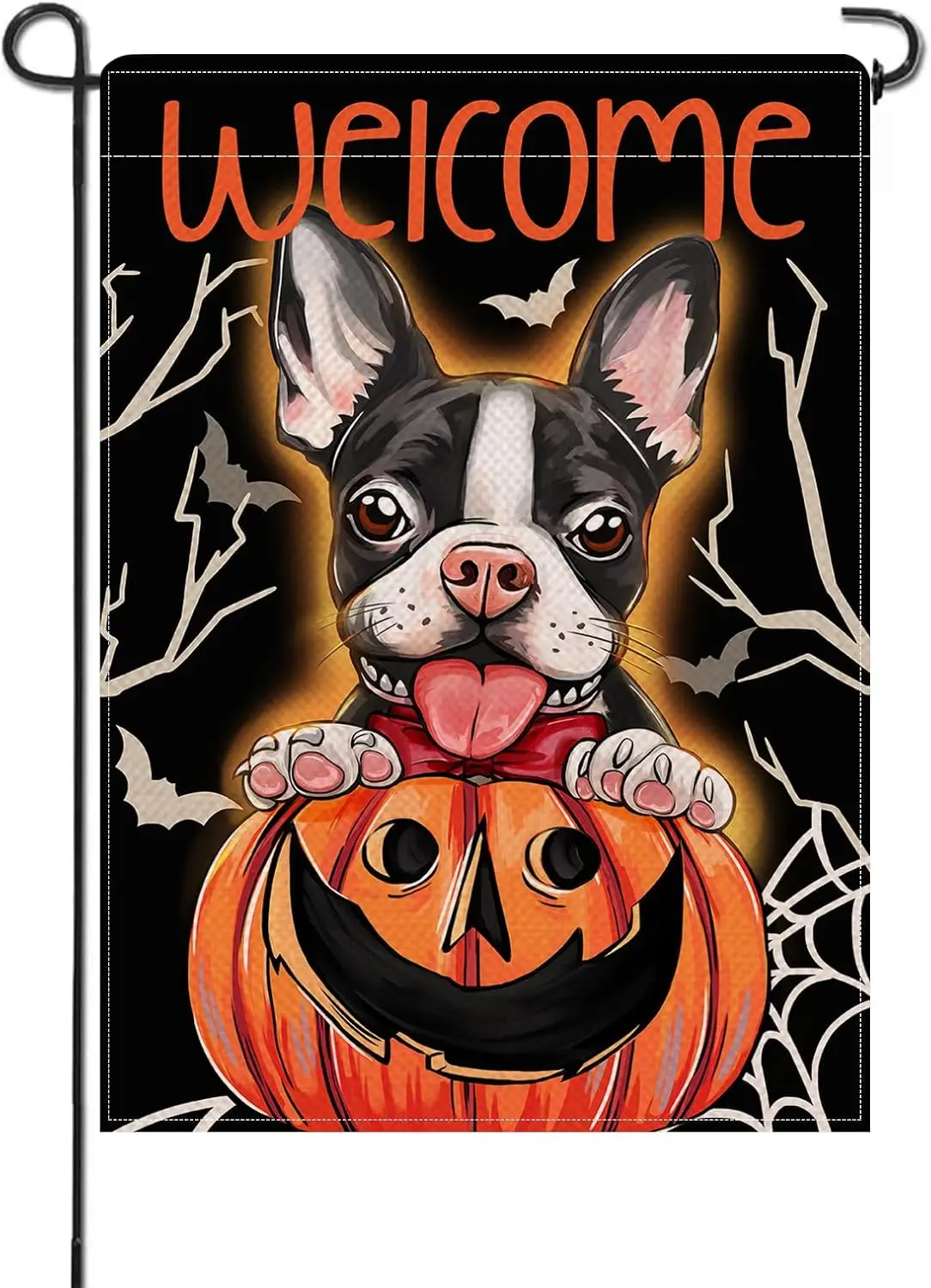 Welcome Halloween Boston Terrier Dog Small Decorative Garden Flag, Pet Jack O Lantern Pumpkin Black Yard Lawn Outside Decor, Fun