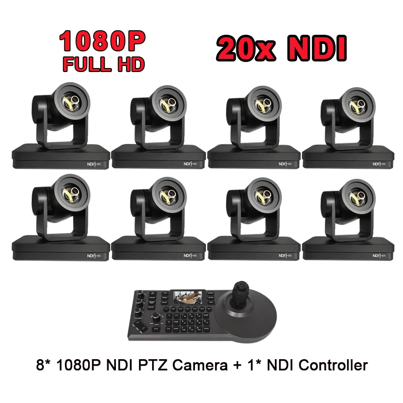 NDI Cameras Video Conferencing Broadcast 20X Zoom & 1pcs IP POE 4D Joystick NDI Controller Video Conference System Kit 1- 8pcs