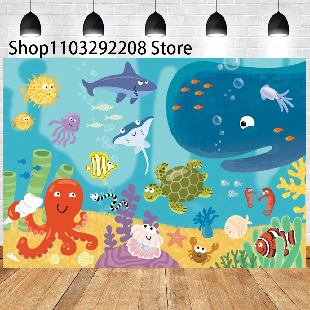 Summer Ocean Theme Cartoon Fish Kids Birthday Party Cute Underwater Dolphin Whale Background Event Decoration Baby Shower Prop ﻿