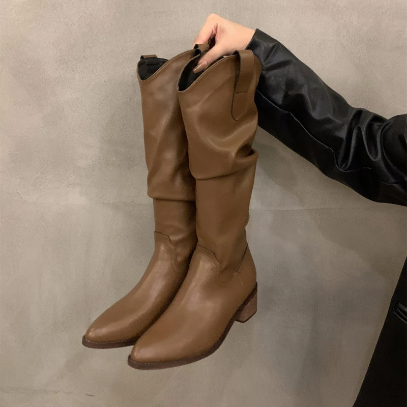 Retro Style Women Western Cowgirl Boots Fashion Slip On Shoes Autumn Winter Square Low Heel Ladies Knight Long Booties