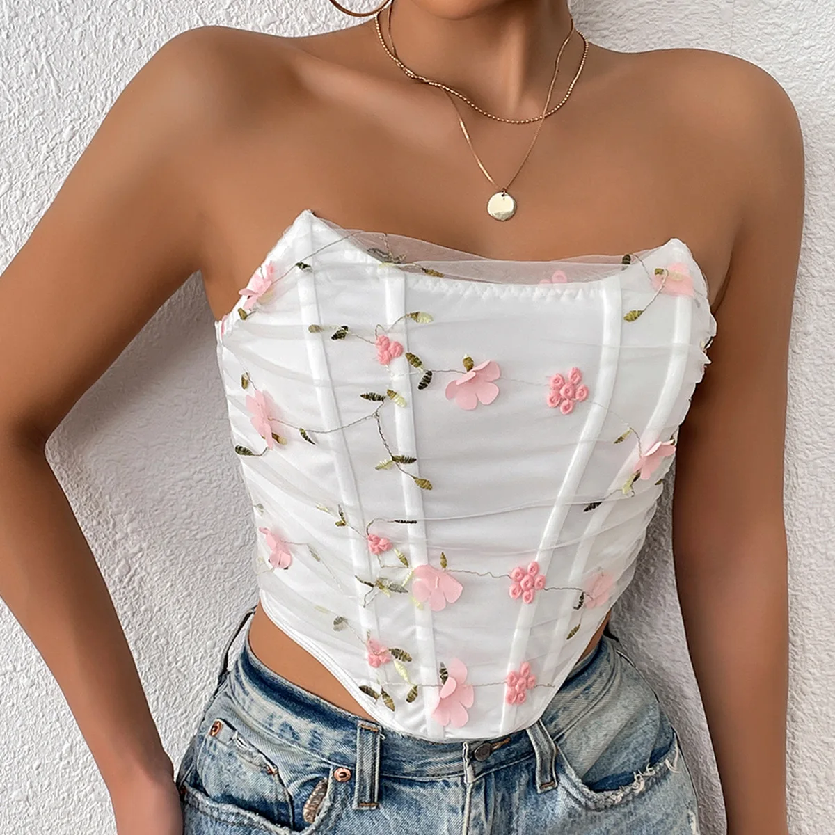 Blumen-Stickerei Mesh Crop Tops Damen Korsett Sexy Trägerloses Tanktop Tops Mode Bustier Camisole Slim Fit Streetwear Sommer