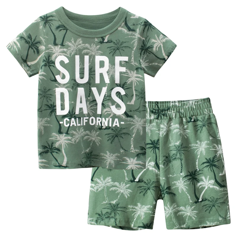 2024 Summer New Beach Set for Boys Coconut Tree Print Short Sleeve T-Shirt + Shorts Children\'s Clothing Leaf Pattern Kids Outfit