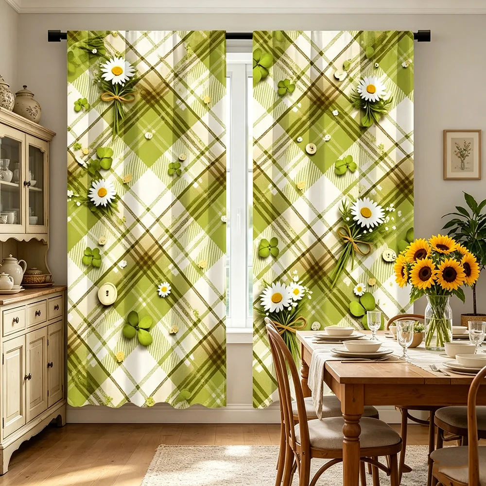 2PCS Digital Printed Curtains, Daisy Green Plaid Farmhouse Style, Rod Pocket Window Drapes for Living Room Bedroom Decor