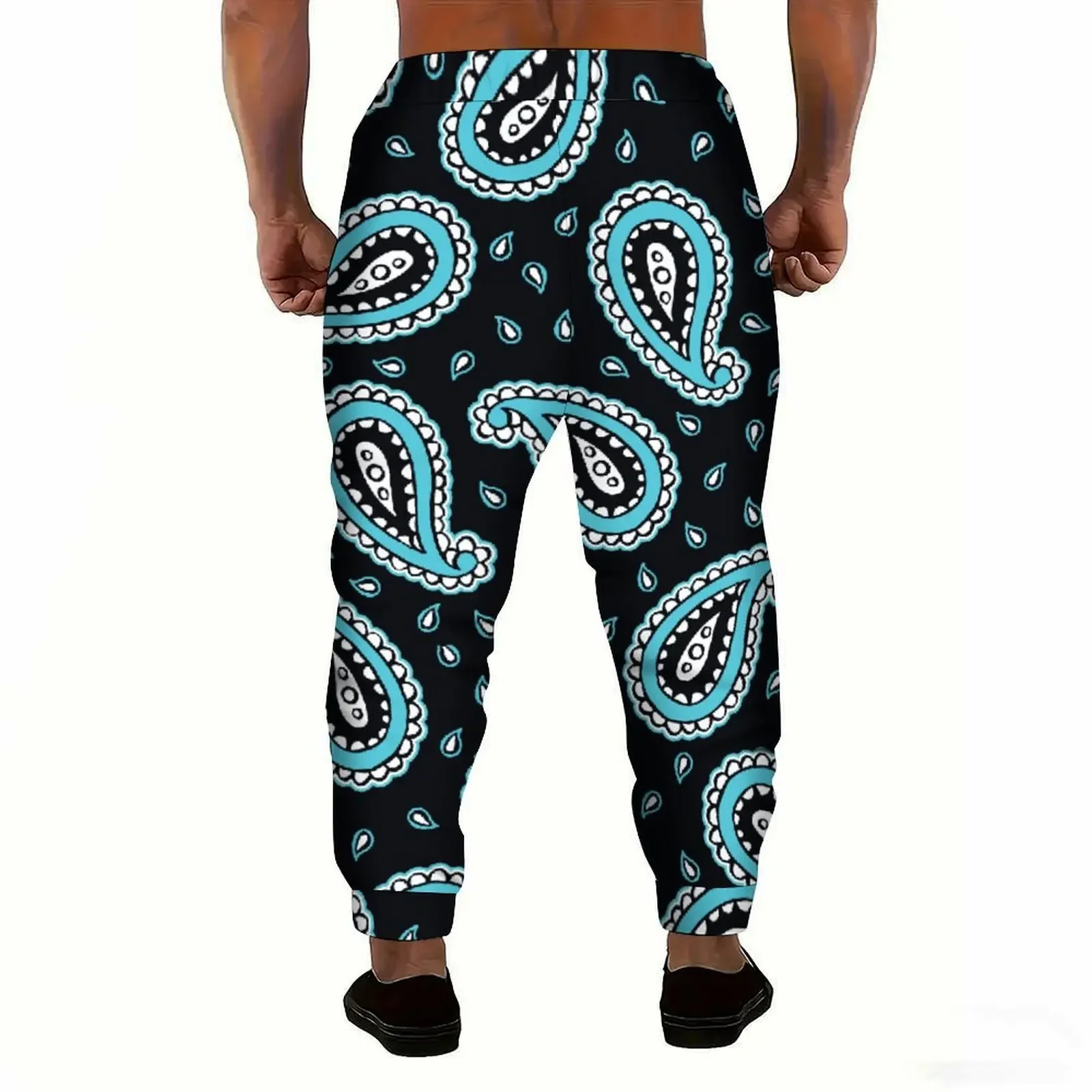 Unisex Autumn Winter 3D Print Blue Paisley Harem Pants Warm Drop Crotch Drawstring Jogger Trousers