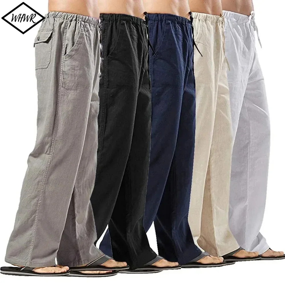 

Spring Summer Linen Wide Men's Pants Korean Trousers solid color Casual Elastic Waist Long Pant Men Clothing Sweatpants
