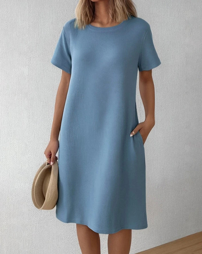 

Women's Dress 2024 Summer Casual Solid Round Neck Pocket Design Waffle Knit Casual Dress Short Sleeved Straight Mid-Calf Dress