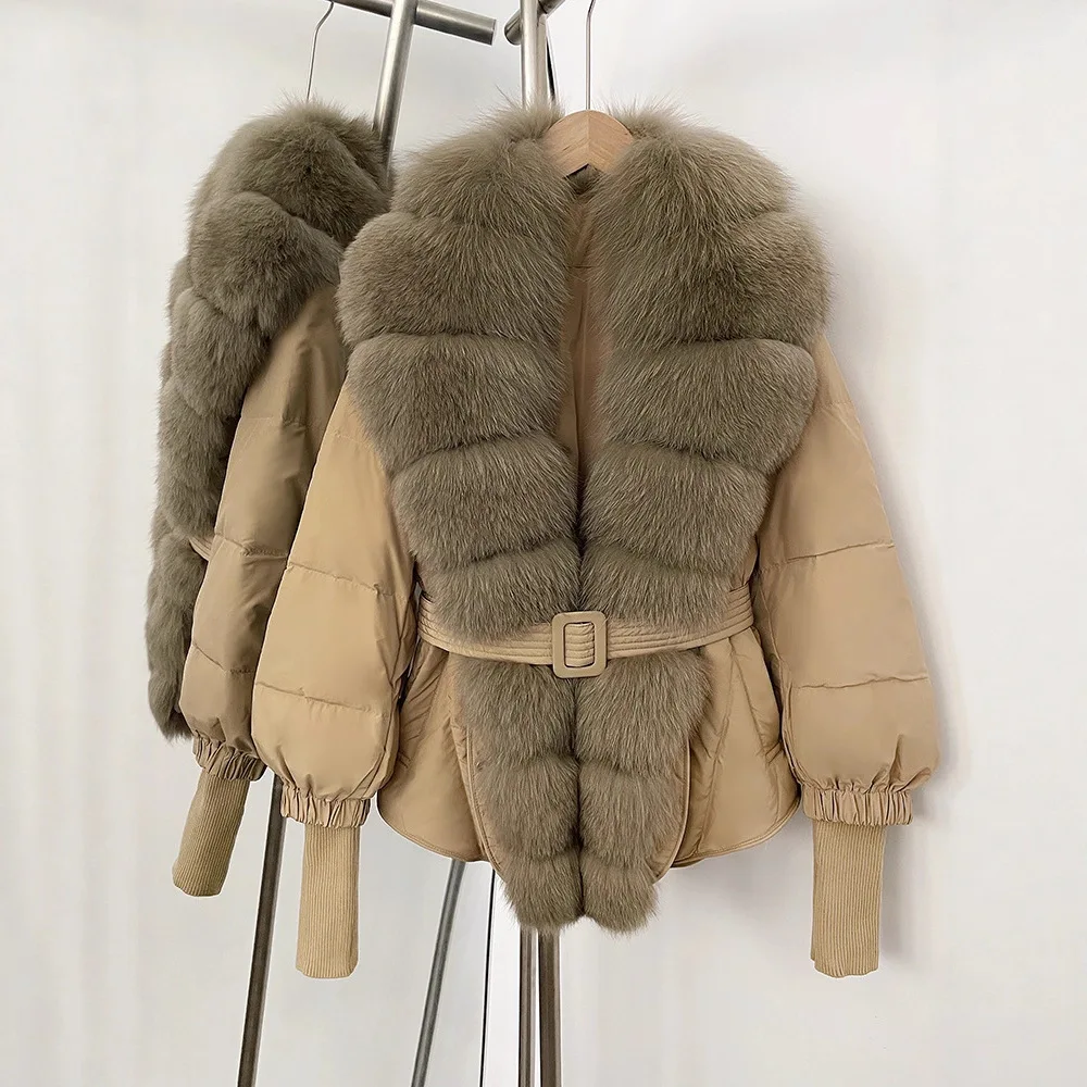 

Winter New Oversized Fox Fur Collar Down Jacket White Duck Down Coat Female Belt Natural Fox Fur Fluffy Puffer Jacket Women
