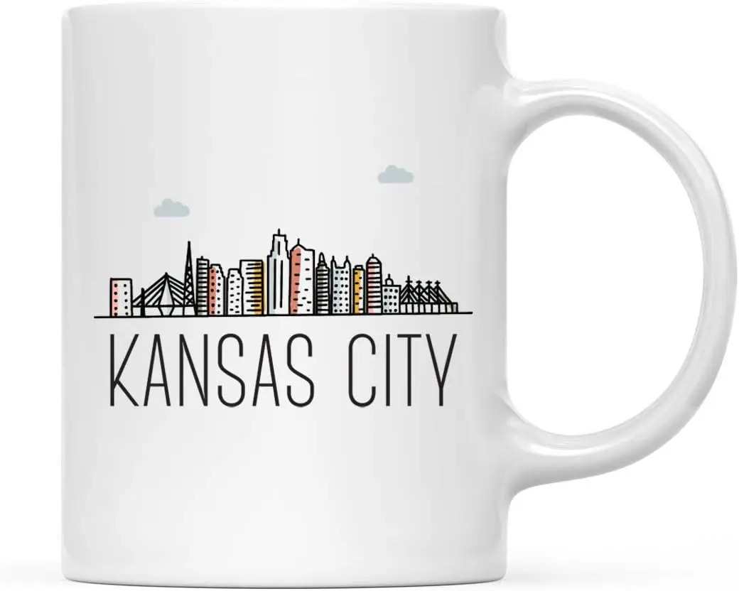 Пресс Andaz 11 унций Керамическая кофейная кружка в подарок, Канзас-Сити, графика красочного города, 1 упаковка, идея для подарка на Рождество, день рождения Fa