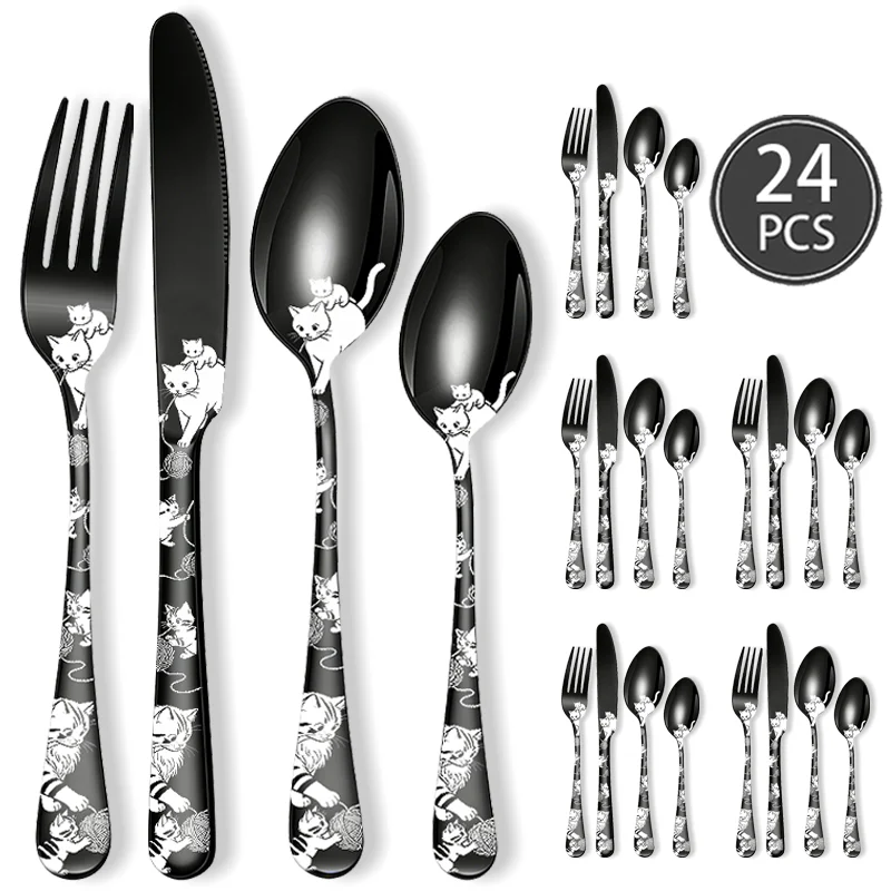 16/24 Pcs Cat Engraved Stainless Steel Flatware Set Reusable Knife Fork Spoon for Steak Dinner Home Office Camping Holiday Gift