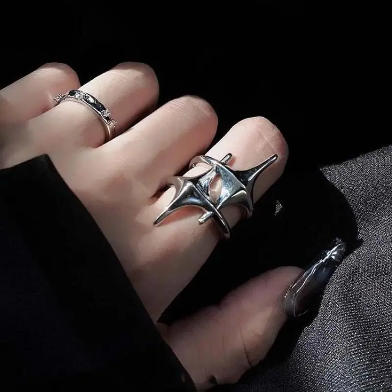 Punk Double Cross Star Ring for Women Men Hiphop Gothic Sliver Color Adjustable Open Rings Y2K Egirl Party Jewelry Gift