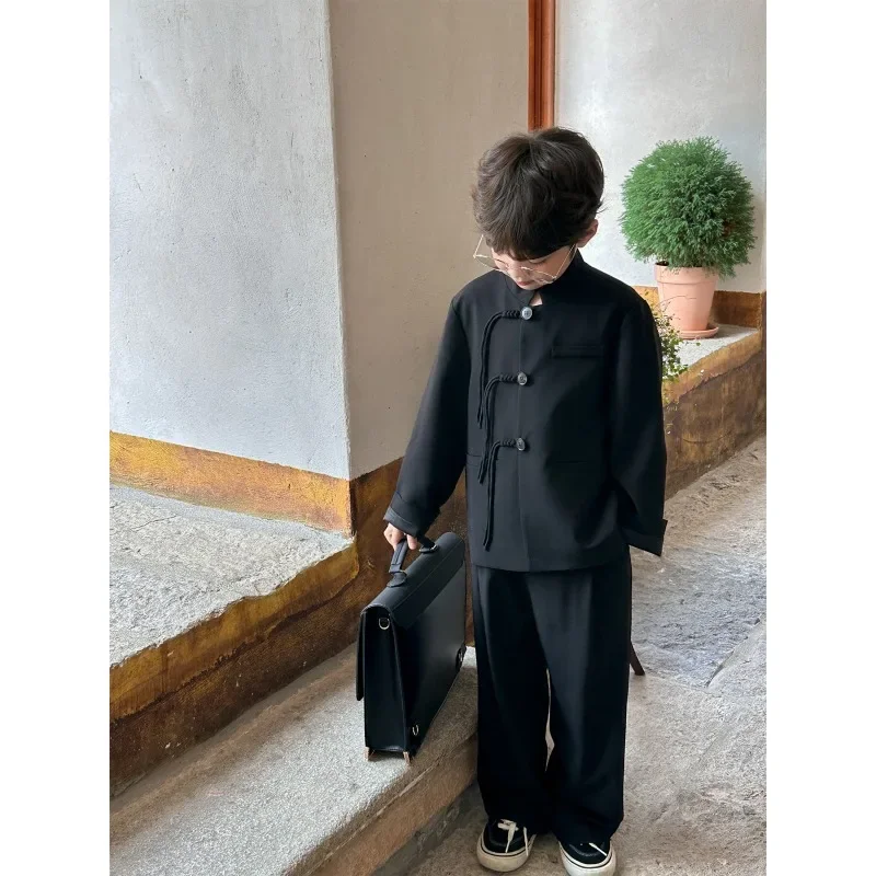 2023 Autumn Vintage Black Plate Buckle Long Sleeved Tang Suit Shirt Pants Boys Fashion Modern Children's Suit Wushu Uniform