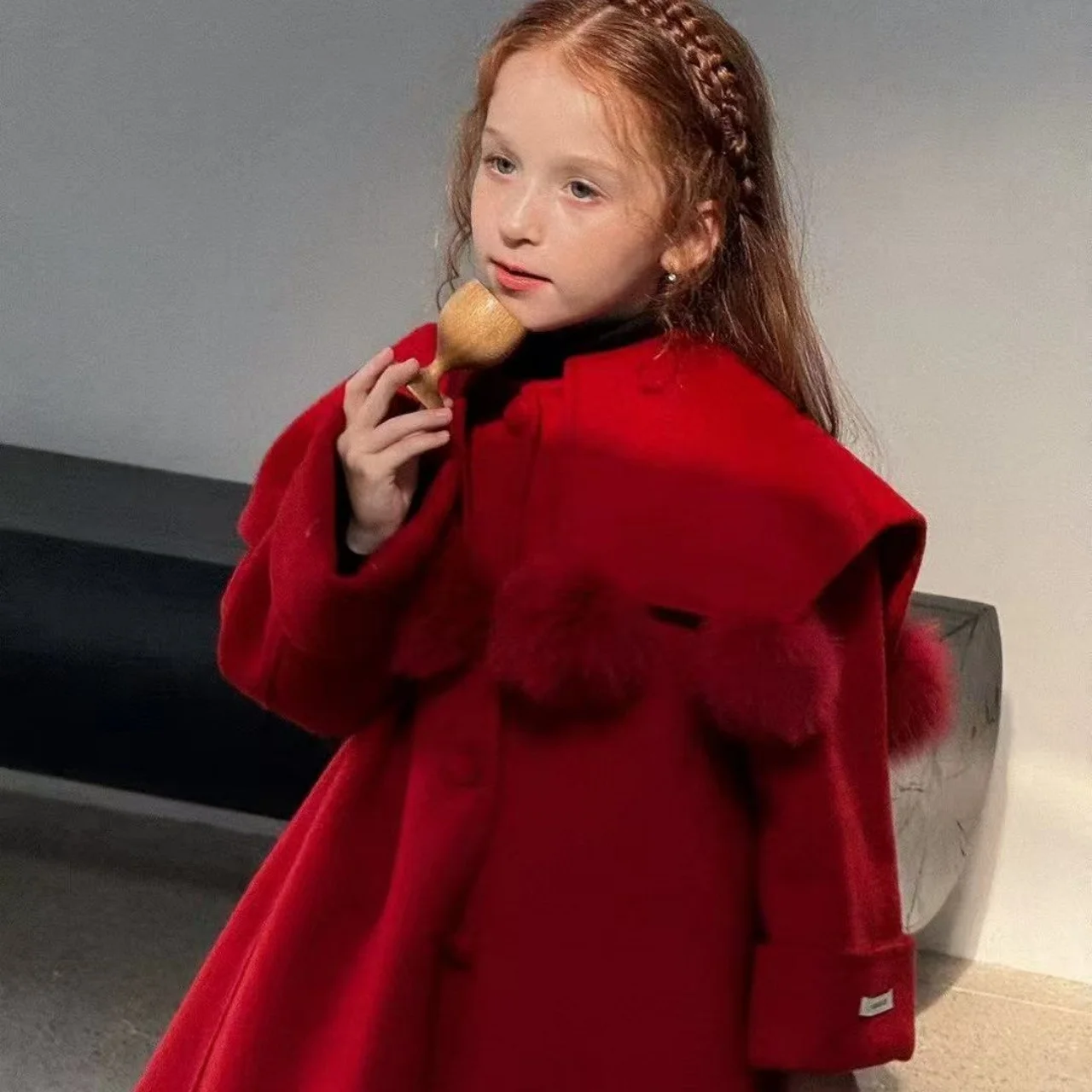 

Girls' Woolen Coat For Autumn And Winter Thick And Loose Red Medium To Large Size Children's Sweet Woolen Coat For Winter
