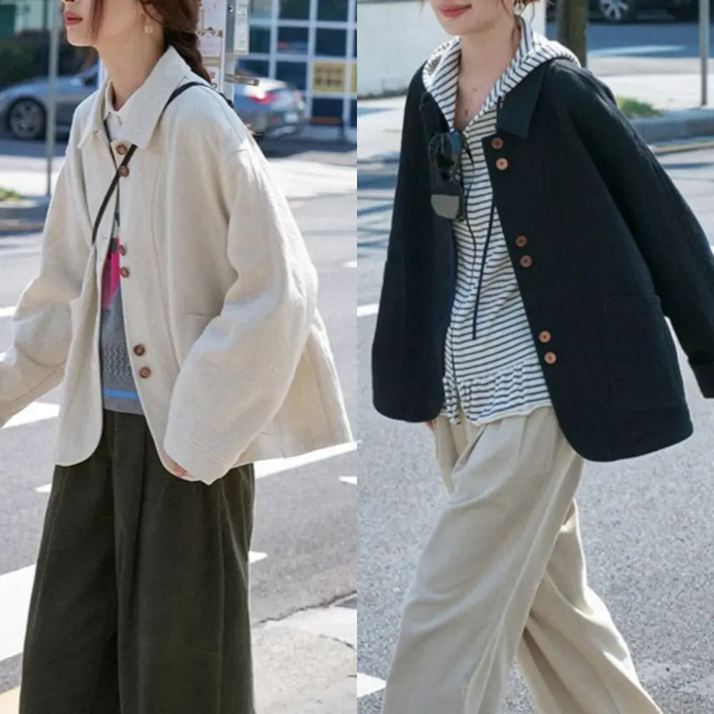 

Long Sleeve Cropped Jacket Women Button Temperament Woman Vintage Outerwear Loose Streetwear Cardigan Coat Spring Autumn