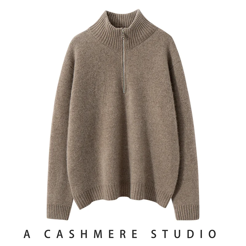 High-quality Autumn Winter Women\'s 100% Cashmere Sweater Half High Collar Fashion Thicken Tops Female Loose Solid Knit Pullover