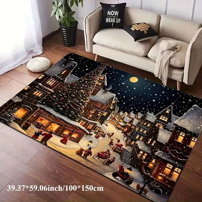 1pc 2D Flat Rectangular Floor Mat, Winter Snowy Night Town And Christmas Tree Printed Rug, Home Decor, Suitable for Entryway