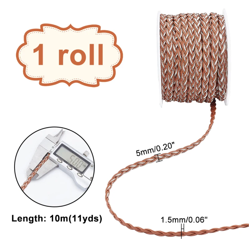 10.9 Yard Braided Leather Strip 5mm 3 Ply Hand Braided Cord Brown Bolo PU Leather Cord Flat Folded Leather Cord forMen Women