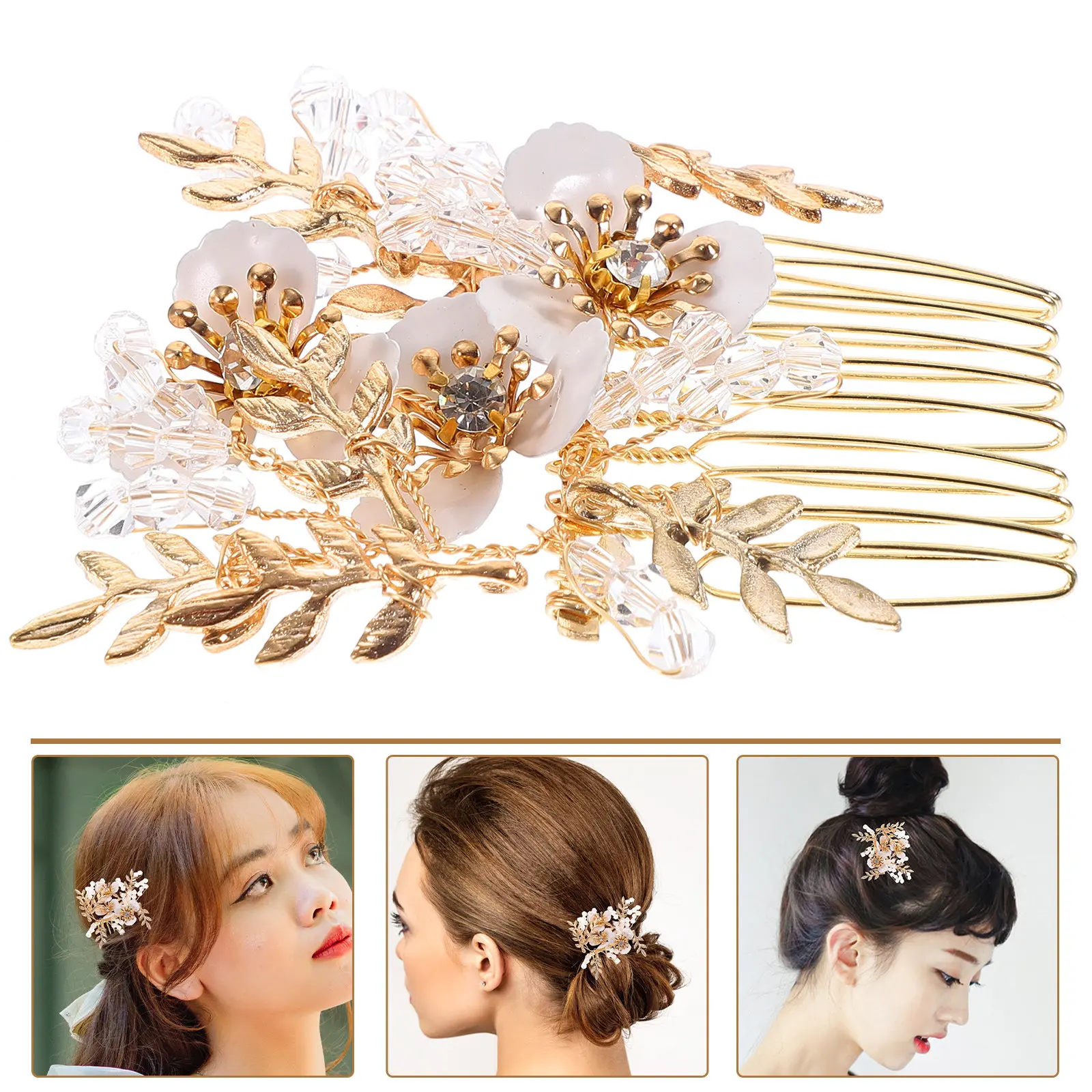 

Gold Flower Bridal Hair Comb Elegant Minimalist Wedding Hairpiece Rhinestone Head Piece for Women Prom Accessories Decorative