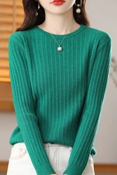 Women Autumn Winter New Wool Blend Sweater O-neck Vertical Stripe Pullover Casual Knitted Loose Tops Female Soft Sweater