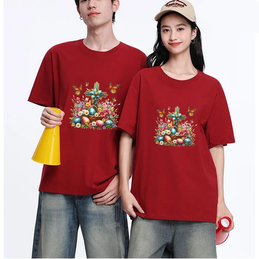 Easter Cross Flowers Butterfly Eggs Printed T Shirt Breathable Fabric S-XXL Personalized Custom Casual Short Sleeve Tee Unisex F