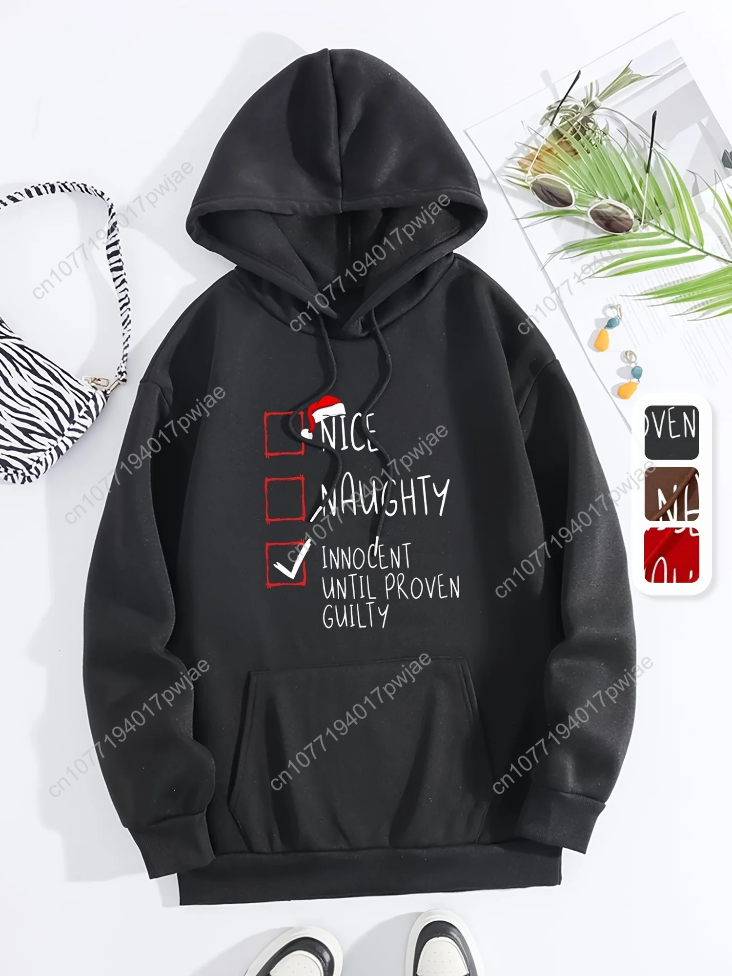 

Women's Cozy Purple Fleece Christmas Hoodie with "Nice, Witty, Innocent" Graphic - Casual Pullover with Drawstring and Kangaroo